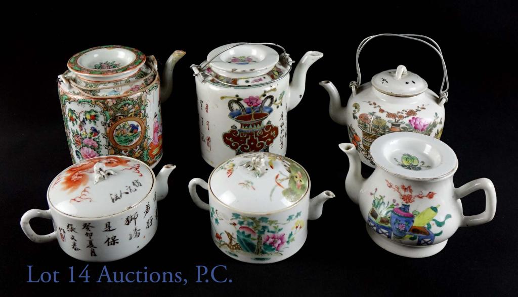 Hand Painted Chinese Tea Pots C. 1900 (6): Six hand-painted Chinese teapots with covers from the late 1800s or early 1900s. No significant damage observed. Some small chips and repairs noted to spouts - please see photos. Sizes range from 4" t