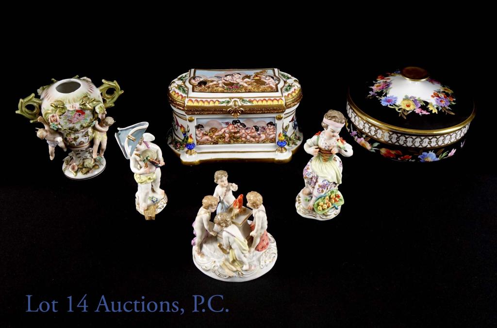 Meissen, Capodimonte & More Porcelain: Meissen porcelain figure of a girl with bird, marked "900" and "30" on bottom. Appears to be in perfect condition. 4.5" tall. Meissen porcelain boy with bagpipes is DAMAGED. The two pipes are broken b