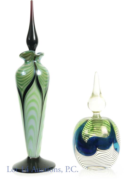 Okra Art Glass Perfume Bottles Signed R P Golding: Okra art glass branded 2 perfume bottles with stoppers. Both are signed by artist RPG Richard P. Golding on bottom. Heavy perfume bottle with faceted window double layered pulled feather design with g