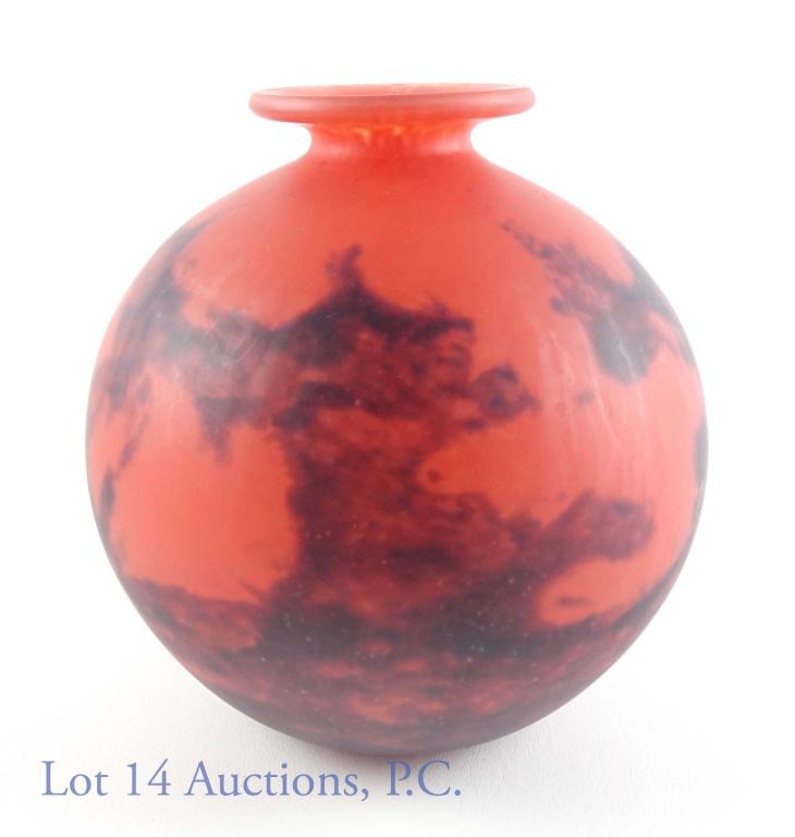 1900 Signed Muller Freres Luneville Glass Vase: Muller Freres Luneville Signed Overlay Glass Landscape Vase, Circa 1900. Very small visible chips to flat overlay where glass is visible, but these chips cannot be felt, only seen, if the light catche