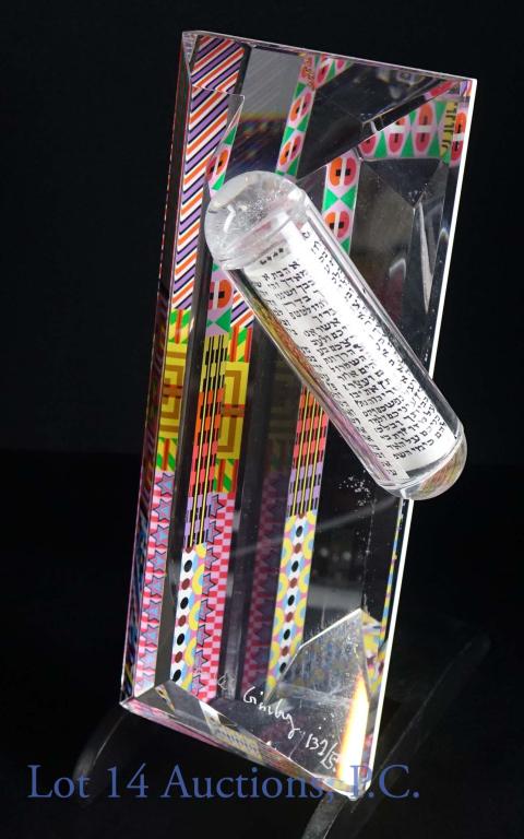 Yankel Ginzburg (American, 1945) Acrylic Mezuzah: Signed Yankel Ginzburg Mezuzah Acrylic Art Sculpture. #132/500. Approx. 7.8 x 3.1 x 2.4". Mezuzah is 3.75" long, and has Shema scroll. (No base included).