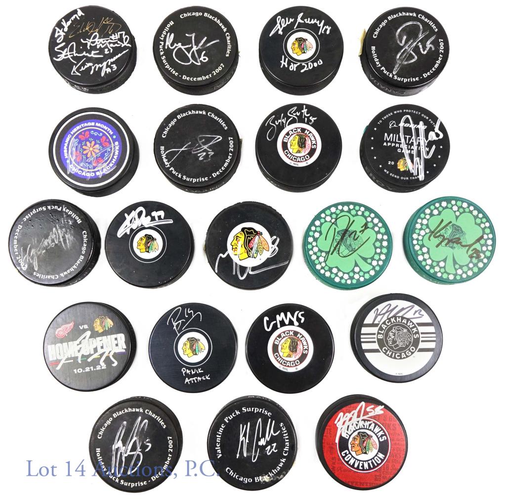 Chicago Blackhawks Autographed Pucks (20): Multi signed puck: Ed Olczyk (16), Steve Konroyd (5), Stan Mikita (21), Peter Marsh (17), Keith Magnuson (3), Cliff Koroll (20), Reg Herr (10) ***** Denis Savard (HoF 2000) ***** Richard Panik (inscri