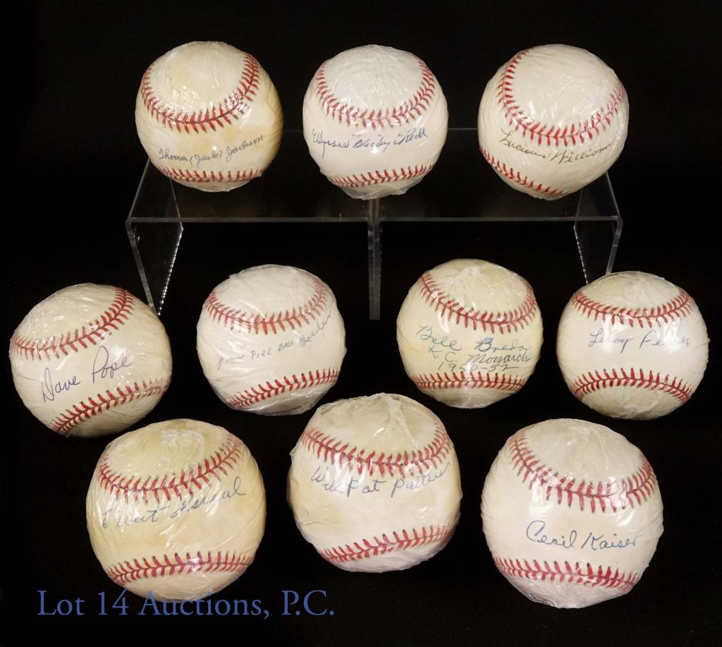 Negro League Signed Baseballs (10): (10) baseballs signed by Negro League players: Jack Johnson, Leroy Ferrell, Dave Pope, Bill Breda, Ulysses Redd, Elbert Isreal & More! ***Lot 14 guarantees the authenticity of these autograph(s). Plea