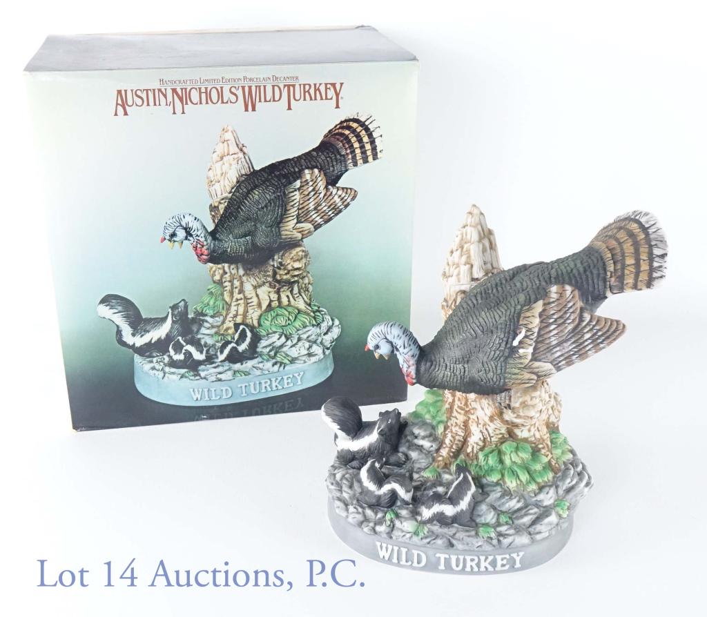 Wild Turkey Bourbon - Turkey Skunks Decanter: 1986 Austin Nichols Wild Turkey Kentucky Straight Bourbon Whiskey. 8 years. 101 proof. 750 ml. "Wild Turkey and Skunks" porcelain decanter No. 12. In original foam and box. Decanter with contents weig