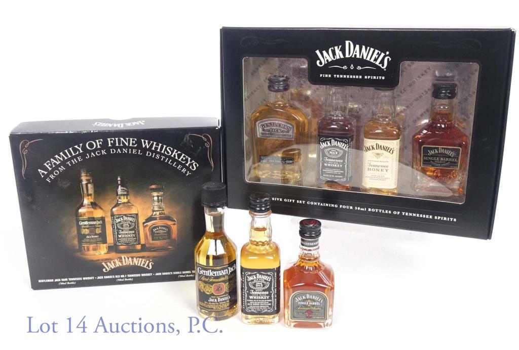 Jack Daniel's Mini Bottle Box Sets (2): Two Jack Daniel's mini-bottle box sets. All bottles are 50 ml. Three-bottle set: Old No. 7 whiskey (86 proof), Gentleman Jack (80 proof), Single Barrel (94 proof). Four-bottle set: Old No. 7 whiskey (