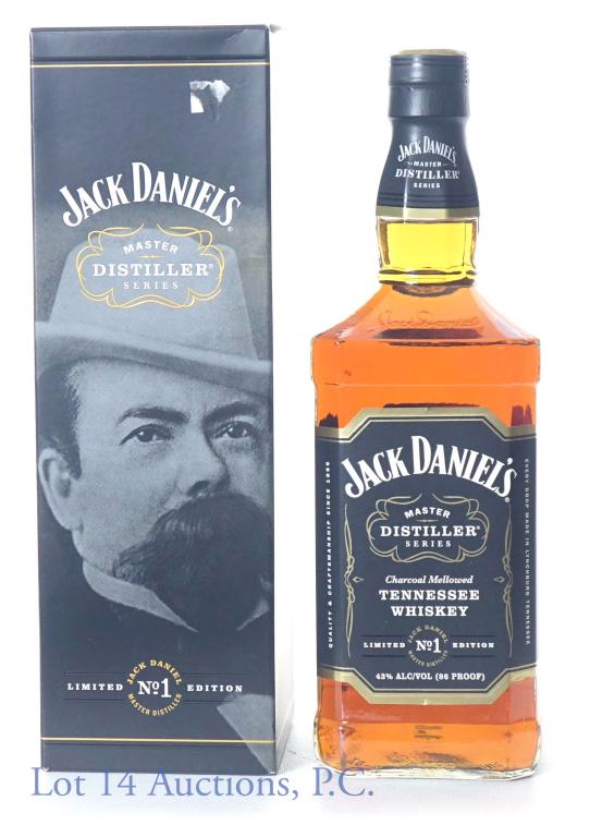 Jack Daniels Whiskey M Distiller #1 Ltd Ed: Jack Daniel's charcoal mellowed Tennessee whiskey. 86 proof. 1 liter. Limited edition Master Distiller series No. 1 (Jack Daniel, himself). Bottle No. C 3694. Comes in original box.