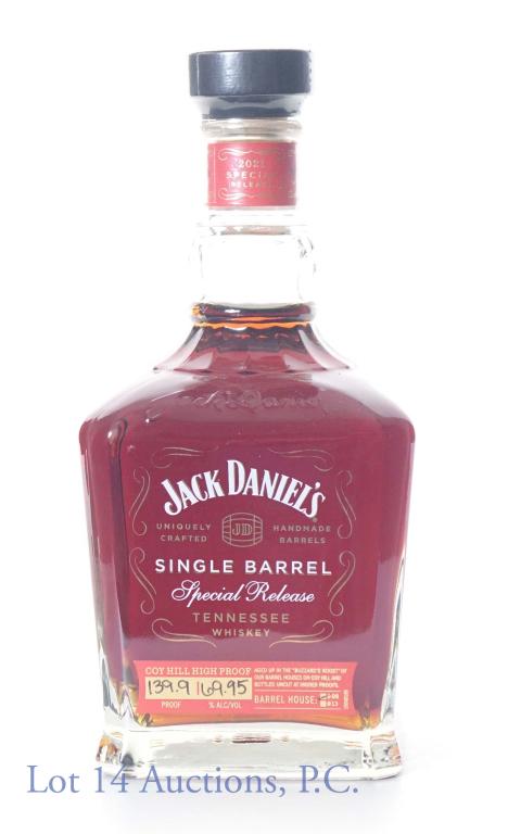 2021 Jack Daniels Sgl Barrel Spcl Release Whiskey: 2021 Jack Daniel's single barrel special release Tennessee whiskey. 139.9 proof (Coy Hill High Proof). Barrel House 08. Barrel No. 21-08185. Barrel entry: 8-2-12. Bottled 9-22-21. Bottle No. CHHP-3374