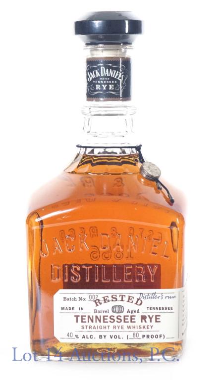 Jack Daniels Rested Rye Whiskey (Batch 002): Jack Daniel's Rested Tennessee straight rye whiskey. 80 proof. 750 ml. Batch 002 - Distiller's Run. Bottle No. 23543.