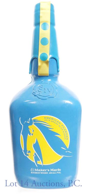 Makers Mark Bourbon American Pharoah Ltd Bottle: Maker's Mark bourbon whiskey. 90 proof. 1 liter. Special limited edition bottle to commemorate American Pharoah becoming the first horse in history to win the grand slam of US thoroughbred racing: The