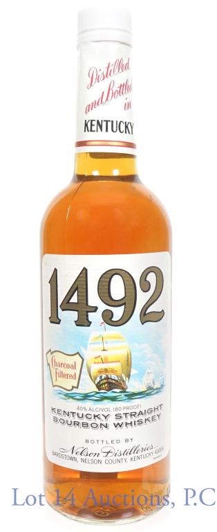 1492 Straight Bourbon Whiskey: 1492 Kentucky straight bourbon whiskey. Charcoal filtered. 80 proof, 750ml. 09 embossed on bottom.