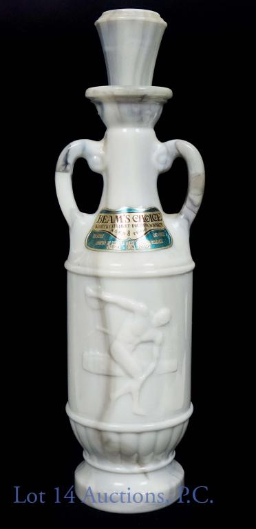 Beam's Choice 8 Yr Bourbon - Discus Decanter: Beam's Choice Kentucky straight bourbon whiskey. 8 years. 86 proof. 4/5 quart. Faux marble Grecian urn decanter with discus thrower motif. James B. Beam Distilling. Decanter weighs 3.60 pounds (1.63 k