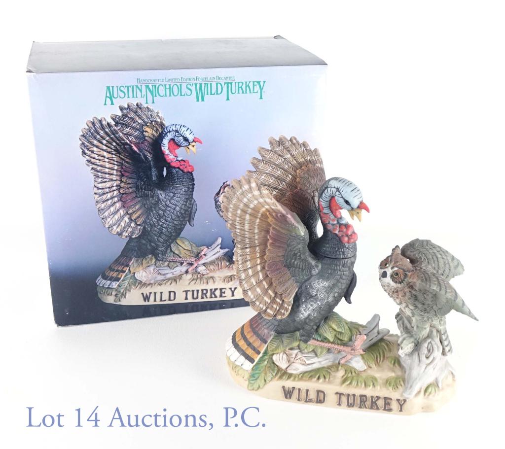 1985 Wild Turkey Bourbon - Turkey & Owl Decanter: 1985 Wild Turkey Kentucky straight bourbon whiskey. 8 years. 101 proof. 750 ml. "Wild Turkey and Owl" No. 8 decanter. Comes in original foam and box. Decanter alone 4.77 pounds (2.17 kg) weight.