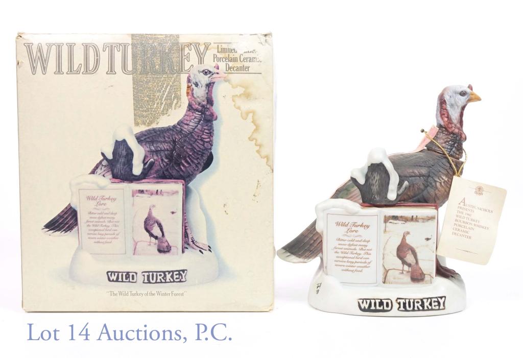 Wild Turkey Bourbon - Winter Forest Decanter: 1980 Austin Nichols Wild Turkey Kentucky straight bourbon whiskey. 8 years. 101 proof. 750 ml. Wild Turkey Lore Series II, No. 2 "The Wild Turkey of the Winter Forest" decanter. Comes in original (rou