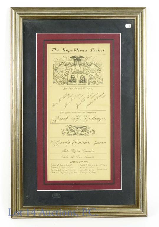 1884 Republican Voting Advert Blaine Logan: 1884 Election - New Hampshire Republican Voting Advertisement. James G. Blaine / John A. Logan. Frame: 12" x 18-5/8" (30.5 cm x 47.5 cm. Advertisement: 5.5" x 11-7/8" (14 cm x 30 cm).