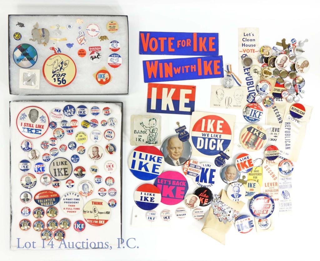 Eisenhower Campaign Buttons & Ephemera: Collection of Dwight D Eisenhower campaign buttons and other ephemera including bumper stickers and ribbons.