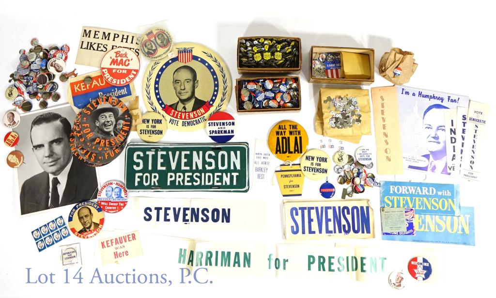 Adlai Stevenson Estes Kefauver Buttons & Ephemera: Collection of campaign buttons and ephemera from the 1950s leading Democratic contenders for president. Includes a large rarer Stevenson button. Adlai Stevenson and Estes Kefauver. While Stevenson got