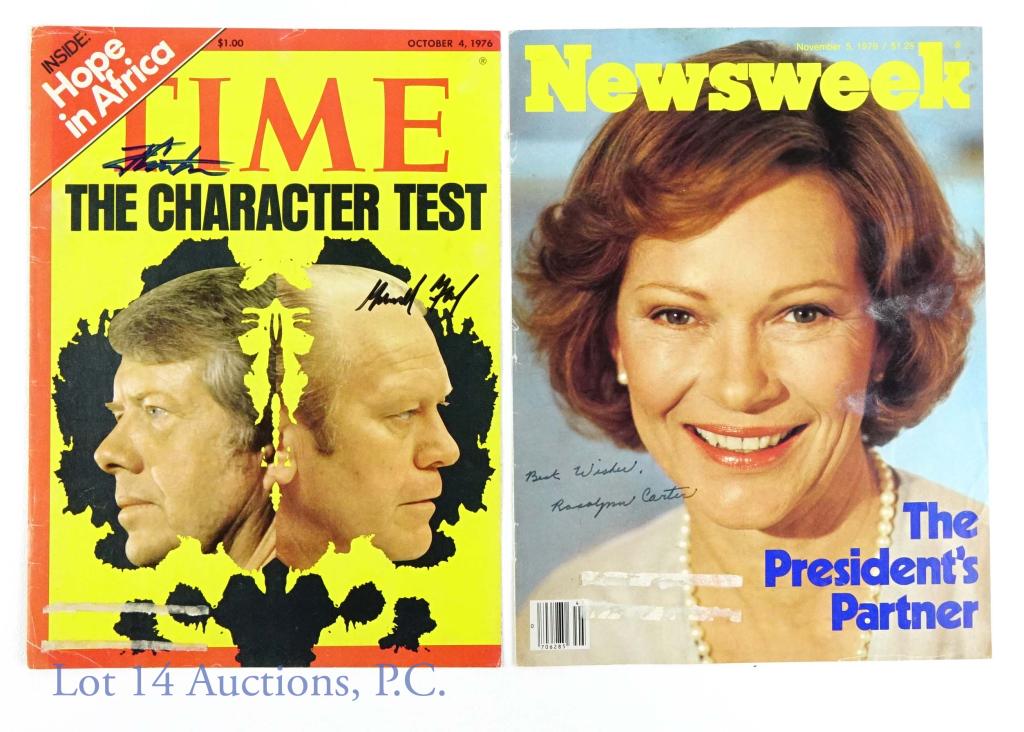 R Carter & J Carter / Ford Double Autographs: 10/4/1976- Time Magazine cover - NOT whole magazine - double signed by Jimmy Carter & Gerald Ford. 11/5/1979 Newsweek cover - NOT whole magazine - signed by Rosalynn Carter. *** Lot 14 makes the follo