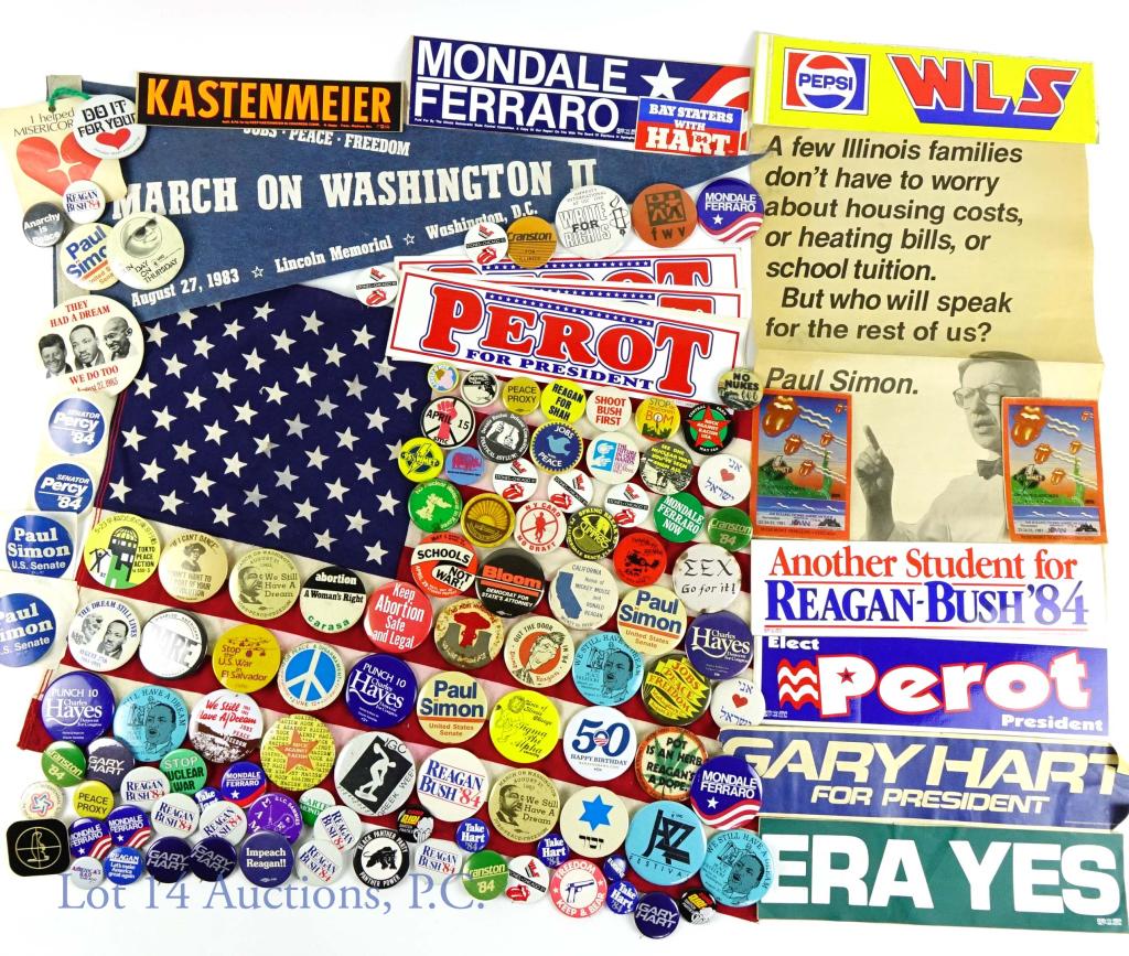 Political Pinbacks + Ephemera- Reagan, Hart, Simon: Reagan - Gary Hart - Perot - Anti-Nuclear- Abortion. Stickers. 1983 March on Washington II Pennant (23.5" x 9")- slight wear on to, one crease after "II".