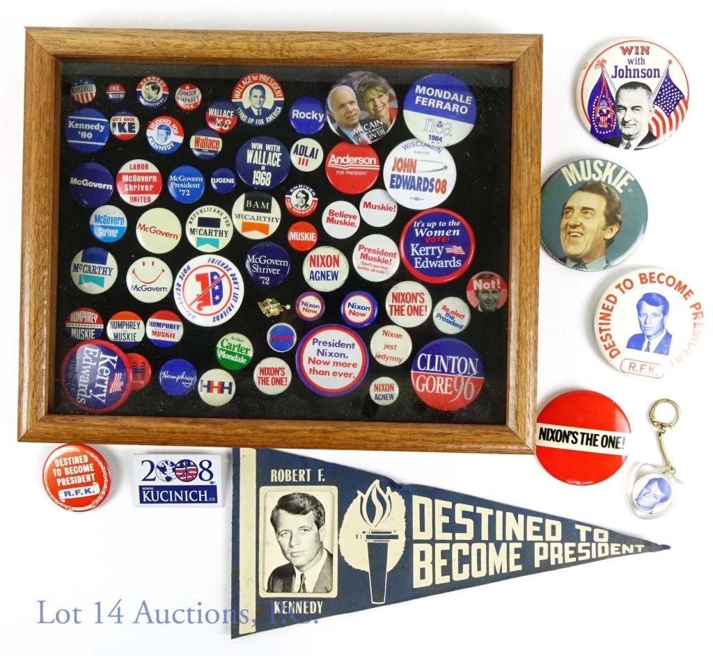 RFK Pennant + Pin Backs **: ** NOTE: We will happily ship this lot except for the shadowbox. The shadowbox is LOCAL PICKUP ONLY! ** 60+ pins. Most pins are in a 15" x 12" shadow box. ***** RFK "Destined to be President" key chai