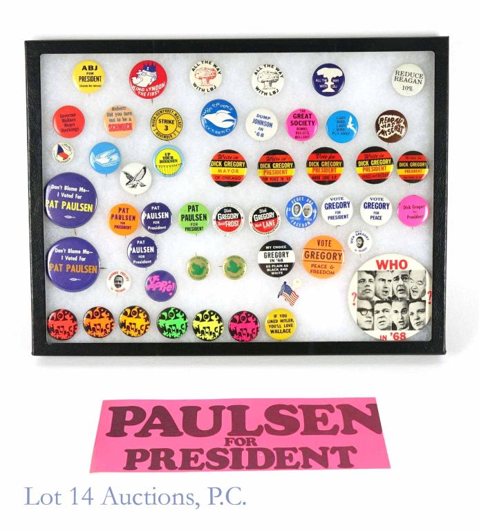 1968 Protest / Left Wing Campaign Buttons: Fantastic collection of third party alternative political candidate buttons - like Pat Paulsen, Dick Gregory and more. Also includes a Paulsen bumper sticker. Some highlights include a set of 6 differ
