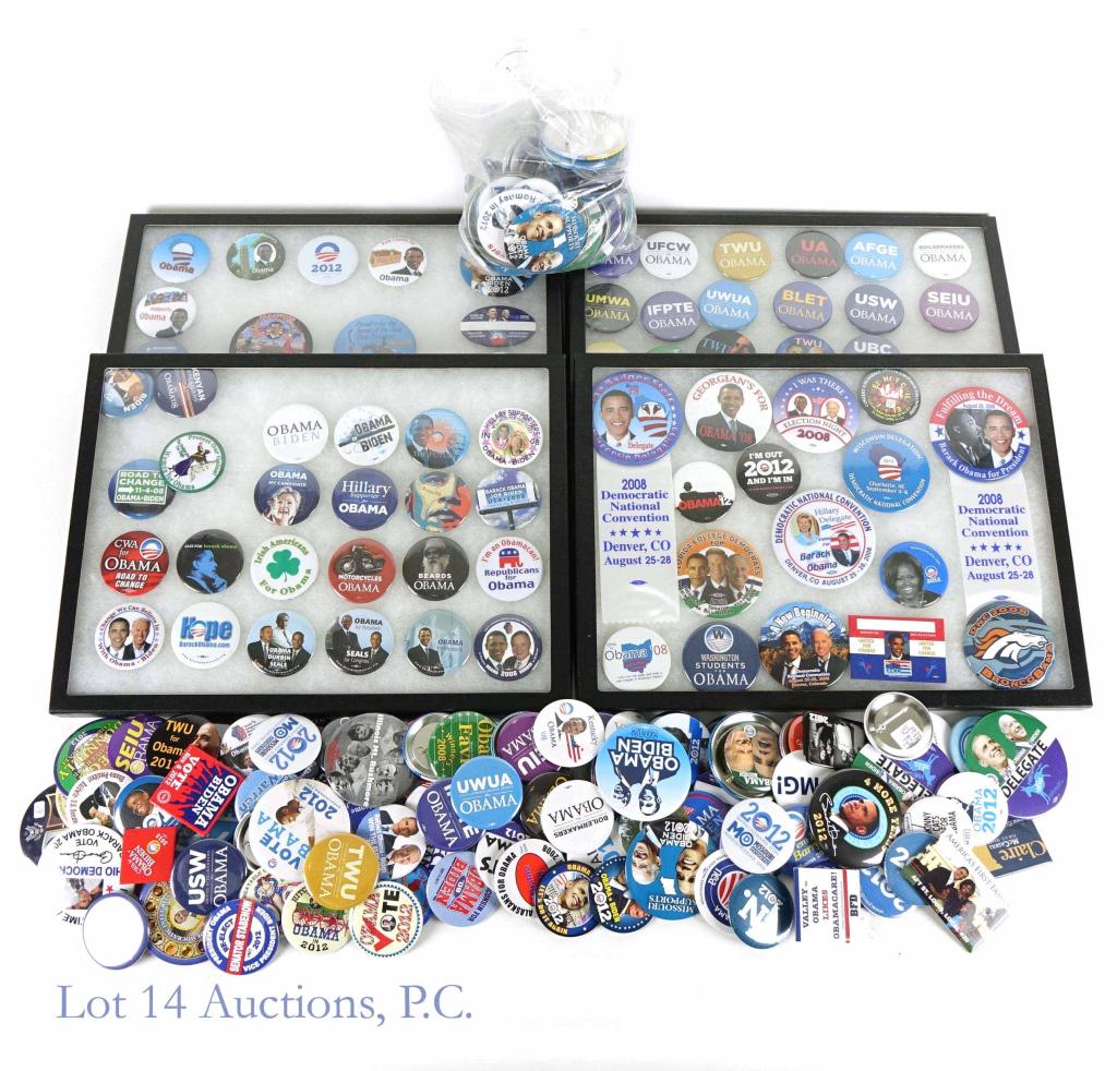 Barack Obama Campaign Buttons: Collection of Barack Obama campaign buttons, including a set (complete????) of union buttons. Sluts for Obama comes from downstate Illinois as a protest against Rush Limbaugh comments directed at a co
