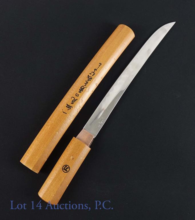 Tanto Style Stainless Steel Knife: Has some dents on wooden sheath, as well as splits in the wood. See photos for condition. Blade length: 11.5". Knife length: 17.25". Total Length: 18".