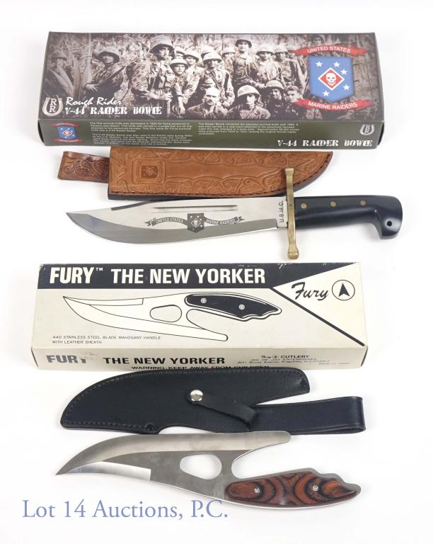 V-44 Raider Bowie & New Yorker Fury Knives (2): NOS "The New Yorker" knife. #66021. 440 stainless steel, made in Japan. 8.75" blade. 11" total length. In original box with sheath. NOS V-44 Raider Bowie knife (RR395). 9.25" blade. 14.5" total length