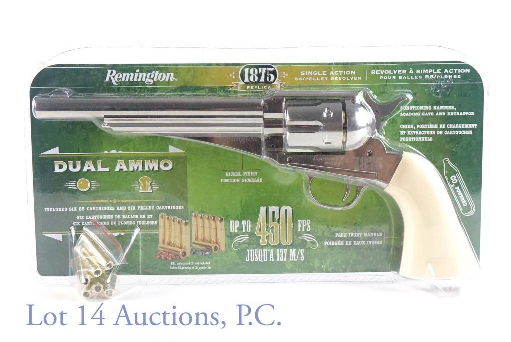 Remington 1875 Replica BB Pellet Gun (NIP): Remington CO2 Air pistol. 1875 replica revolver with functioning hammer and nickel finish. New in package. Fires both BBs and pellets. Includes (6) BB cartridges and (6) pellet cartridges.
