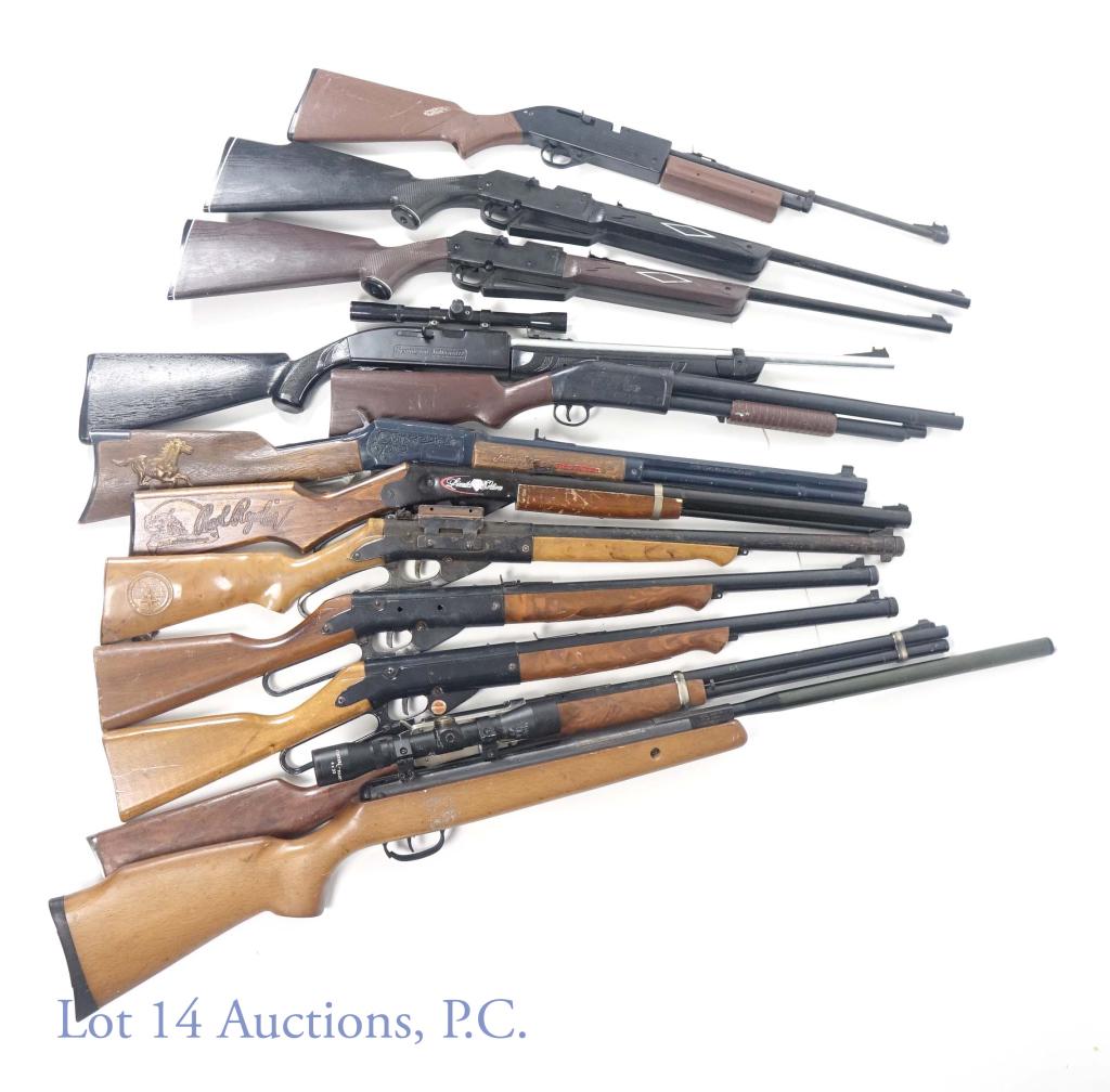 10 Pellet / BB Rifles, 1 Cap Rifle, 1 Toy Rifle: Jr. Sportsman "250" toy rifle. Topper Johnny Eagle Red River cap gun rifle. Two (2) Daisy Model 95 BB Rifles. Crosman Blaze XT BB Rifle with scope. Remington Airmaster .177 pellet / BB rifle. Daisy Ea