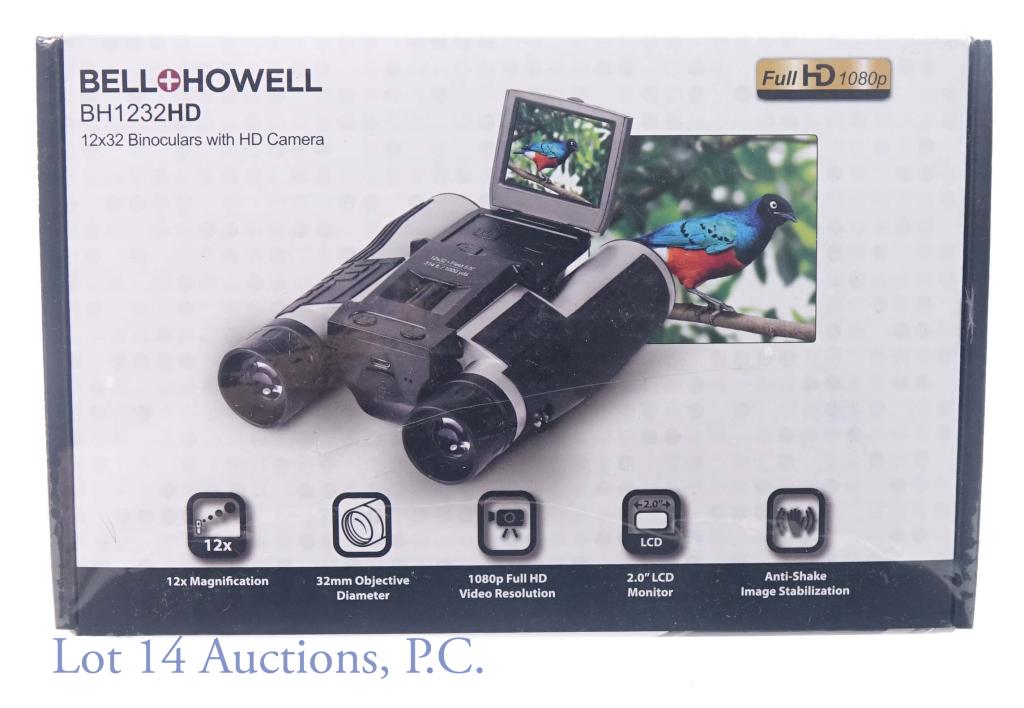 Bell & Howell BH1232 HD Binoculars & Camera, NEW: New, sealed Bell & Howell BH1232 HD 12 x 32 binoculars with HD camera. 1080p full HD video resolution, 2" monitor, 12x magnification, anti-shake image stabilization. Box still wrapped in original shri