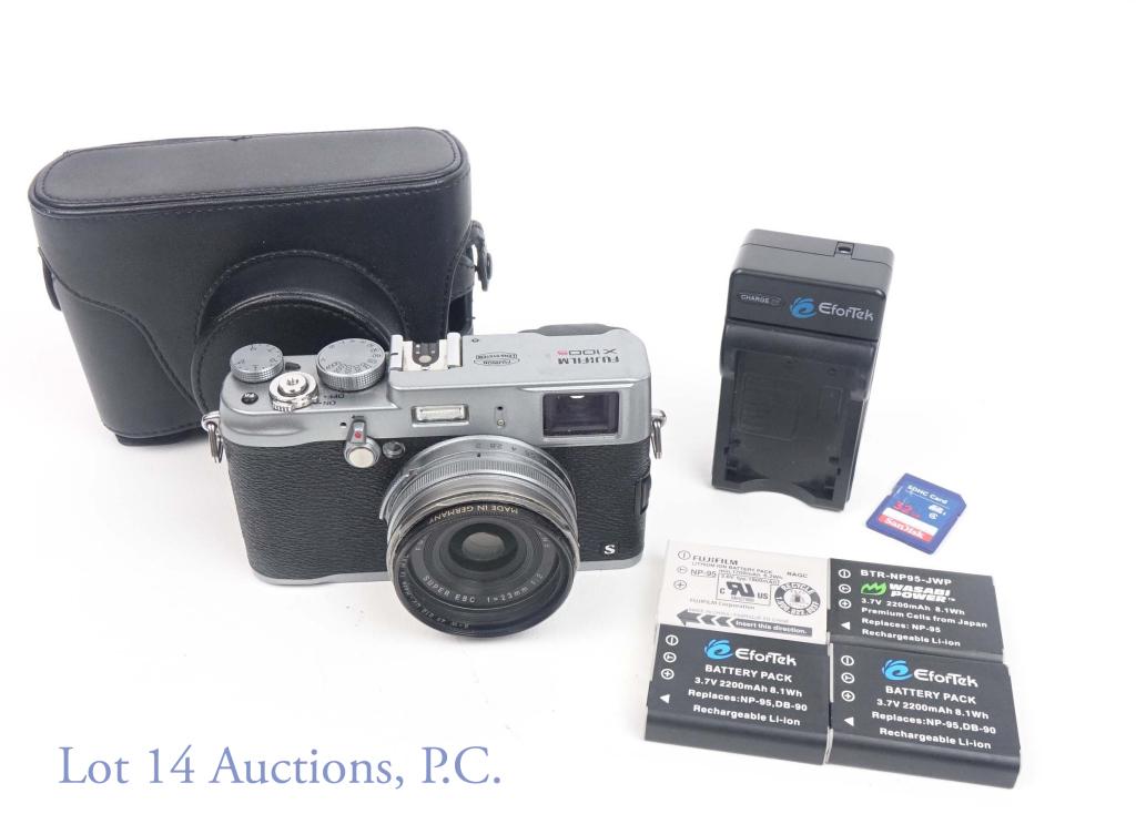 Fujifilm X100S Compact Digital Camera: Fujifilm X100s camera, 4 batteries, travel charger, 32gb SD card and Megagear camera case. 16.3MP APS-C X-Trans CMOS II sensor. Cosmetically in good condition, untested.