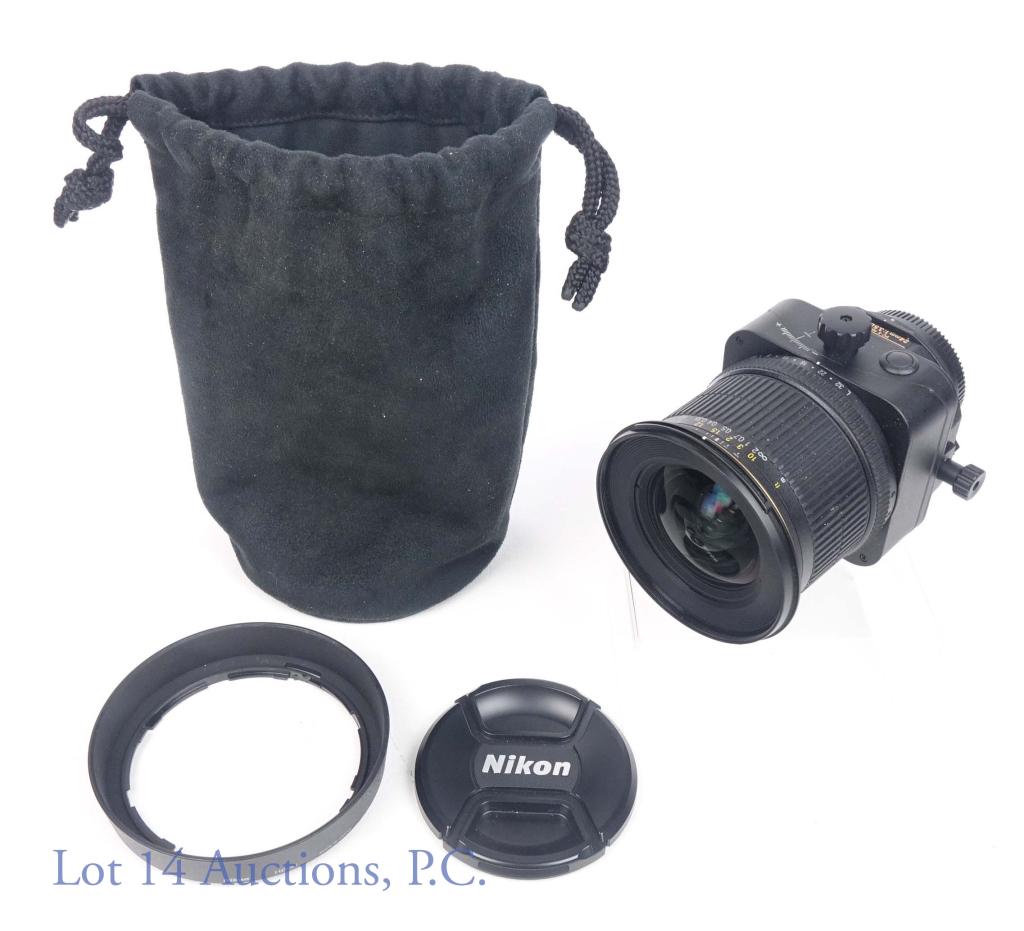 Nikon PC-E 24mm 1:3.5D Tilt Shift Aspherical Lens: Nikon Nikkor PC-E 24mm 1:3.5D Tilt / Shift Aspherical Lens. Lens caps and Nikon soft lens bag, and hood. (Lens is untested but appears to be in very good to excellent condition.)