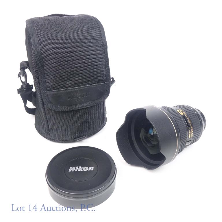 Nikon AF-S Nikkor 14-24mm 1:2.8G ED Lens: Nikon AF-S Nikkor 14-24mm 1:2.8G ED Lens with caps and Nikon CL-M3 case. Nano crystal coat; SWM ED IF Aspherical. (Lens is untested but appears to be in very good to excellent condition.)