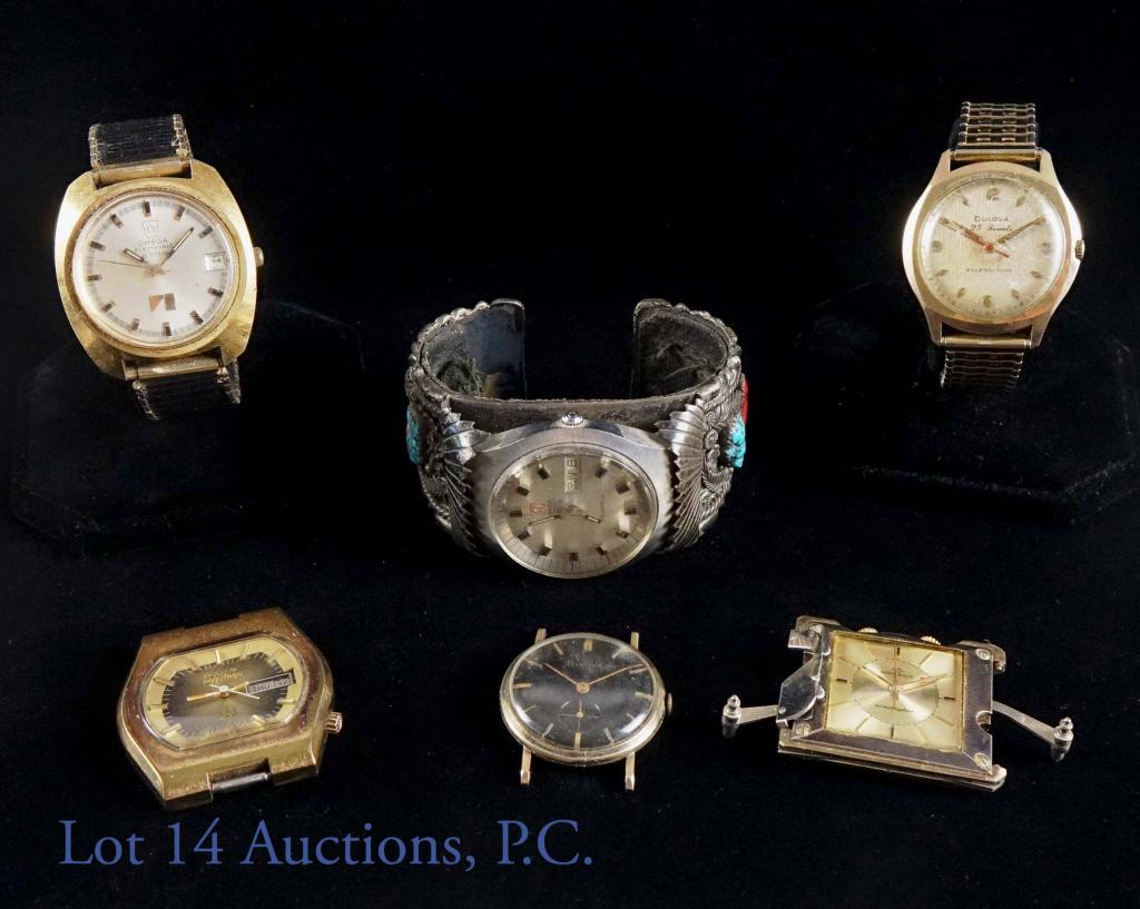 Omega, Bulova, Movado Watches - Parts / Repair: Two Omega electronic watches, one Movado Ermetophon alarm watch and three Bulova watches (one is 1965, with a rolled gold plate case). None of the watches has been serviced or evaluated for necessary