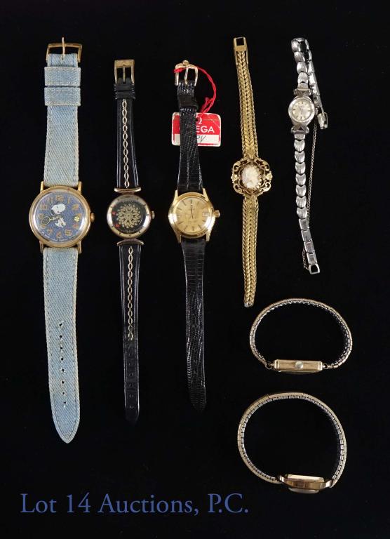 7 Ladies Watches - Parts / Repair: 1958 Copyrighted Snoopy watch. Ladies' Borel Cocktail Swiss Depose Skeleton watch, with original strap. Ladies' Omega Seamaster date watch. Ladies' Elgin 10k gold filled Tank watch. Ladies' 1974 Bulov