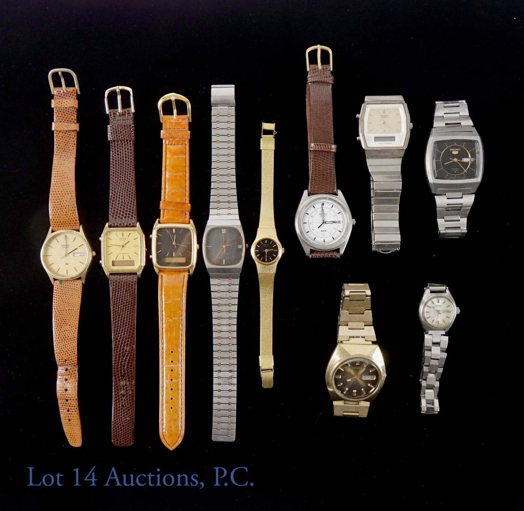 Seiko Watches (10): Watches for parts/repair include: 4 Seiko quartz watches (1 woman's watch), 3 Seiko quartz alarm chronograph. Fully running watches include: 3 Seiko automatic watches.
