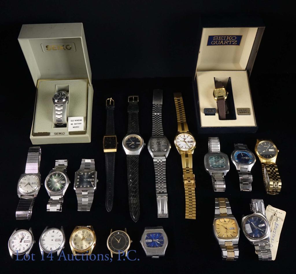 Vintage Assorted Seiko Wristwatches (19): Some of the automatic watches are running. All watches untested. 17 men's watches, 2 women's watches. 1 Railroad watch. Many watches are for parts / repair. Both women's watches are in boxes. Some nee