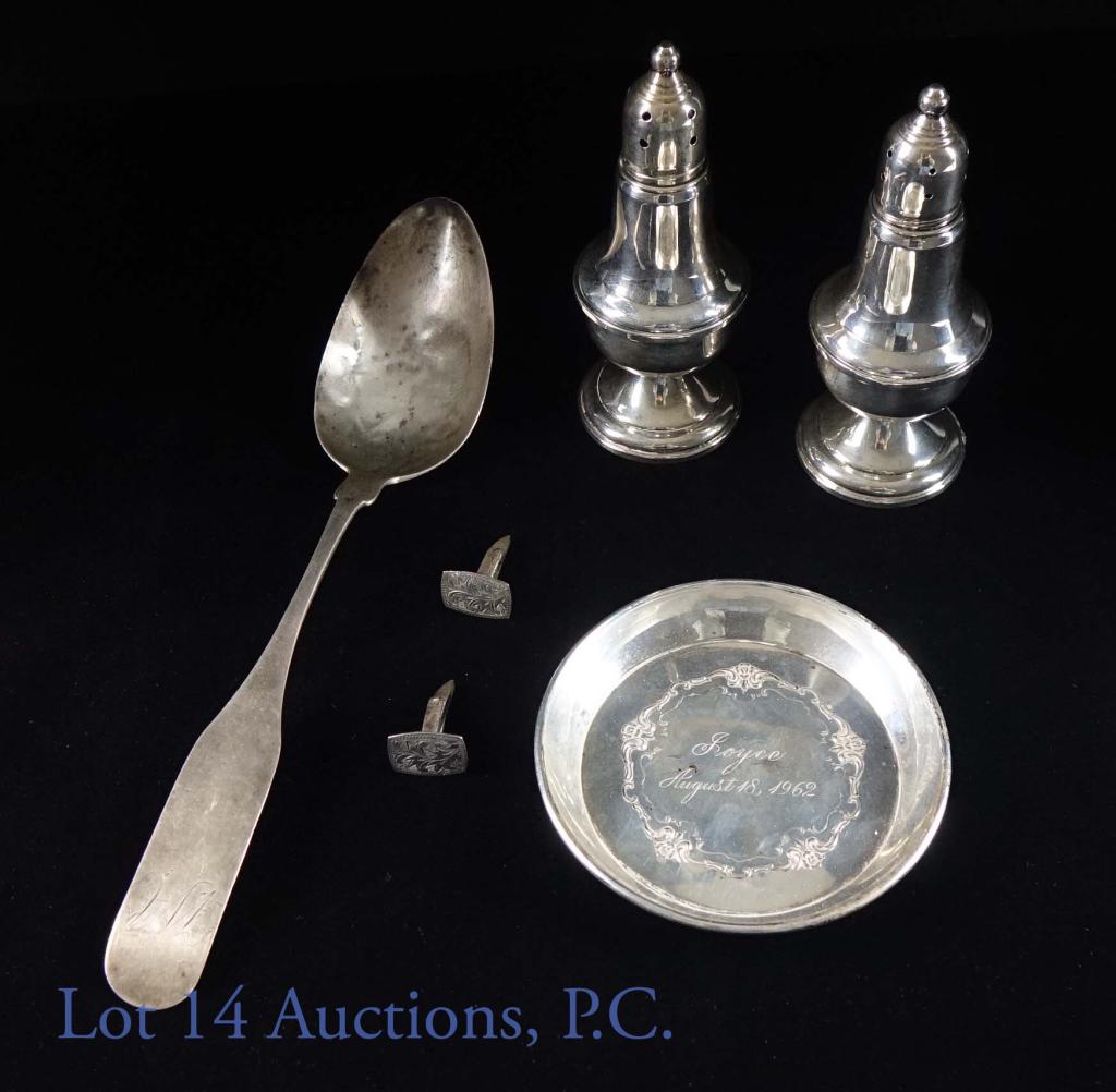 Sterling Silver S&P, Spoon, Coaster, Cufflinks: Empire Sterling silver (weighted) salt and pepper shakers (270g, total), glass liners in good condition. Cufflinks (Sterling, 950) (10g, total). Sterling or Coin silver Spoon marked "W. Cowan" (32g).