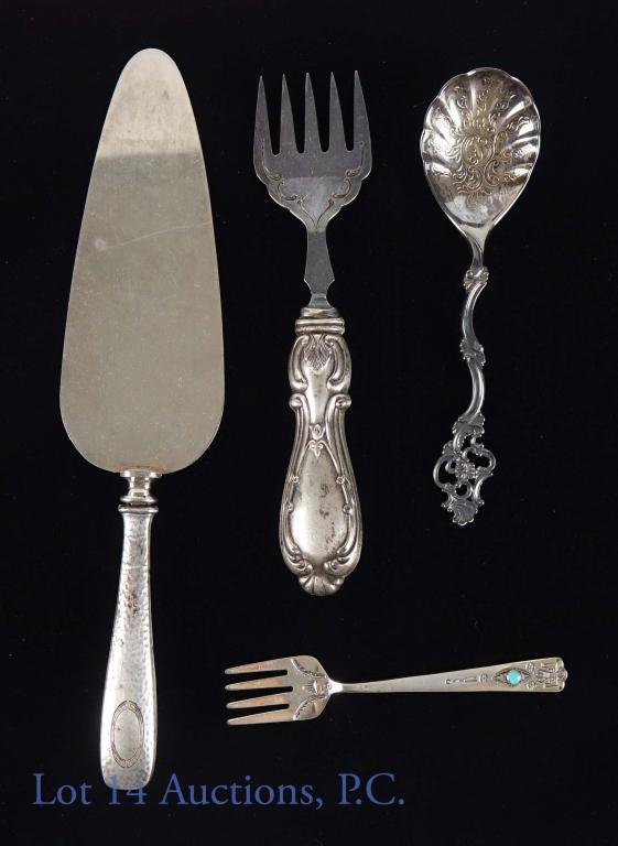 Sterling Silver Vintage Serving Ware (4): Vintage carved and styled utensils -- 2 forks, cake knife / pastry server, and spoon. Sterling silver. Some wear due to age. 170g total weight (including stainless / plated). Cake server and lg fork h