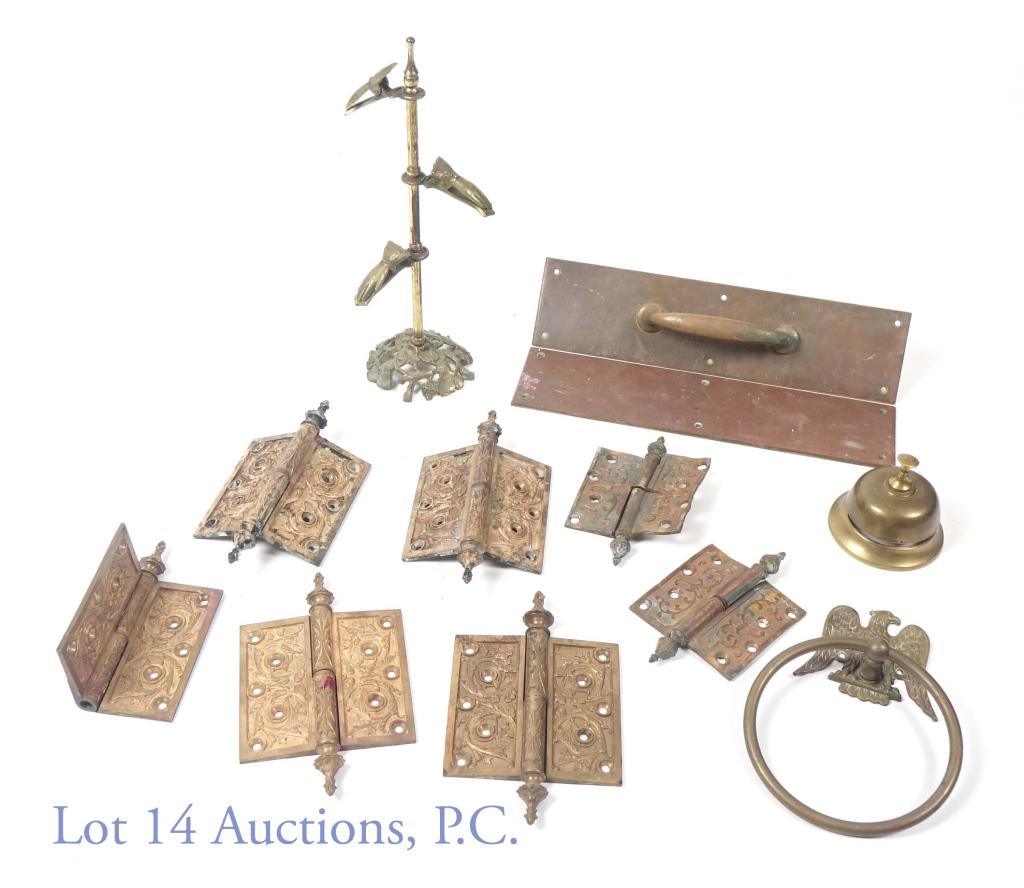 Ft. Sheridan Architectural Hinges, Door Acc., Etc.: From the old Fort Sheridan Military Housing base in Lake County, Illinois, north of Chicago. One set of push / pull panel and handle (14 x 3.5"), Seven hinges. Five large hinges are ornate brass / bro