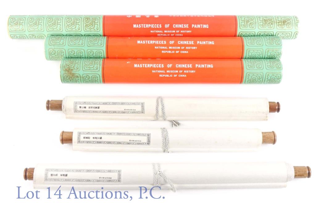 Three Chinese Scrolls: Lot of 3 Chinese scrolls / wall hangings. "Masterpieces of Chinese Painting" from the National Museum of History, Republic of China. Each comes in original mailing / storage tube. Various widths and l