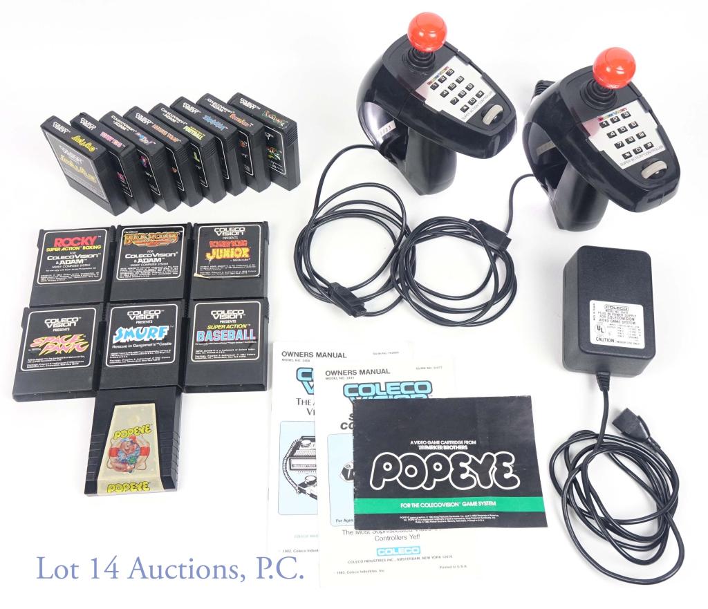Coleco Vision Super Action Controllers & Games (15: Games: Donkey Kong Junior. Donkey Kong. Super Action Baseball. Smurf. Ladybug. Rocky Super Action Boxing. Buck Rodgers: Planet of Zoom. Popeye. The Official Zaxxon. Mouse Trap. Mr. Do!. Space Panic. S