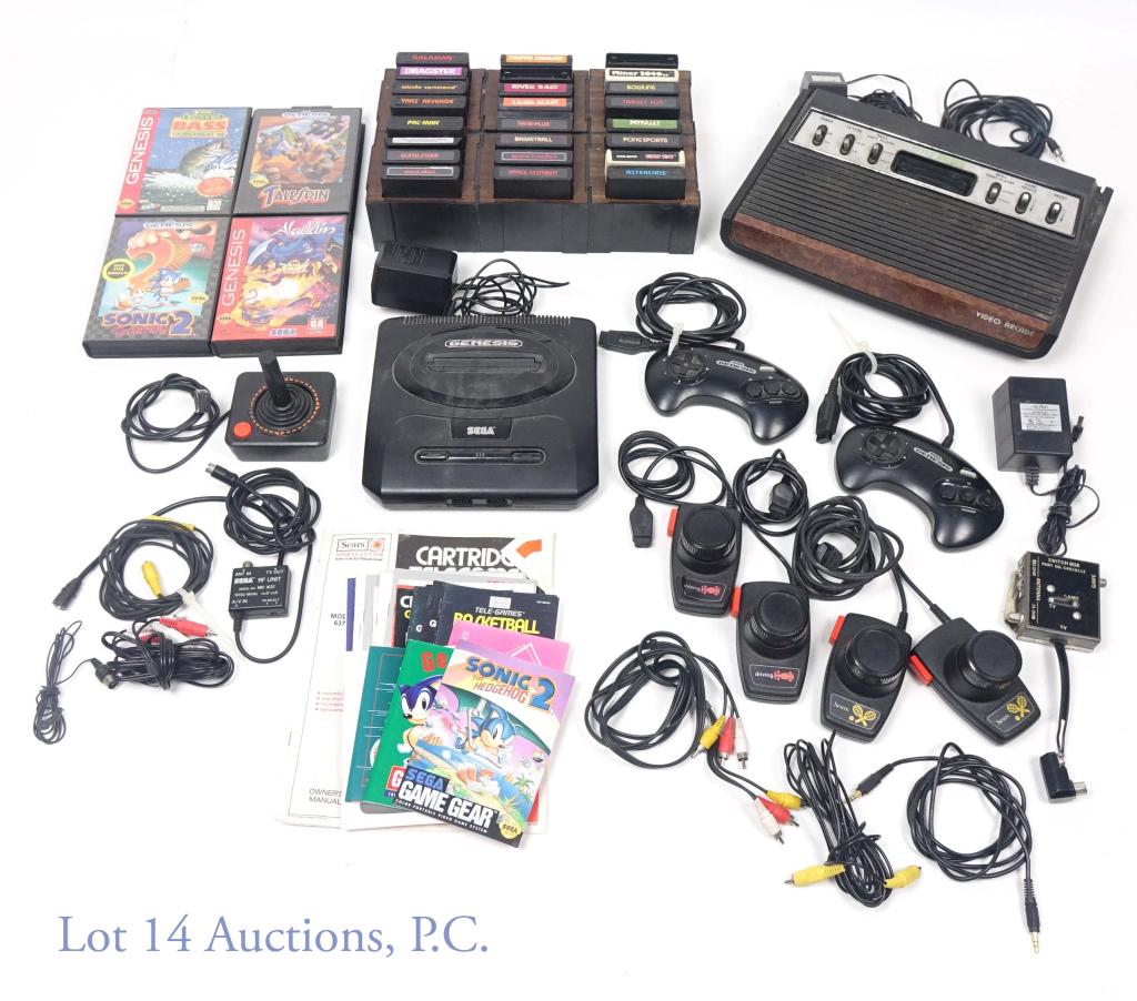 Sears Tele-Game Atari 2600 Console W/ 28 Games: Sears Tele-Game Atari 2600 Console with joystick controller, paddle controllers, game cartridge, TV/game switch box, manuals, and 24 games. GAMES INCLUDED: Aladdin, TNN Outsiders Bass Tournament '96, 