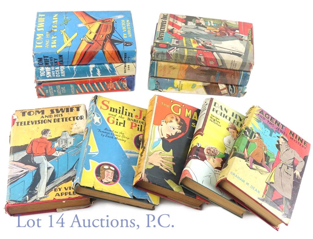 Boy Adventure Books 1930-1942 (11): Lot of 11 1930/40's hardbound adventure books. Each with dustjacket. Includes: Eagles of the Sky (1930), Tom Swift and his Sky Train (1931), The Mystery of Gaither Cove (1932), Tom Swift and His Telev