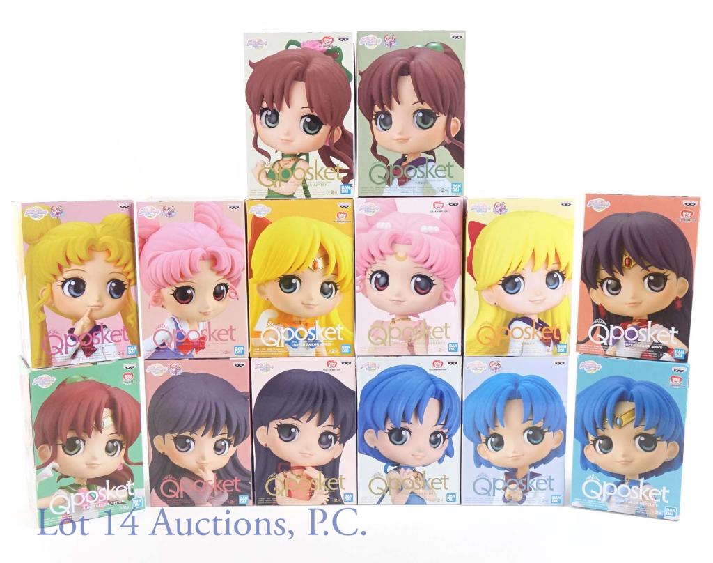 QPosket Sailor Moon Figurines (14): 14 Sailor Moon figurines from QPosket. All come with and are sealed original box. Includes: Super Sailor Venus, Super Sailor Mars, Super Sailor Jupiter, Super Sailor Mercury, Rei Hino, Ami Mizuno, Usa