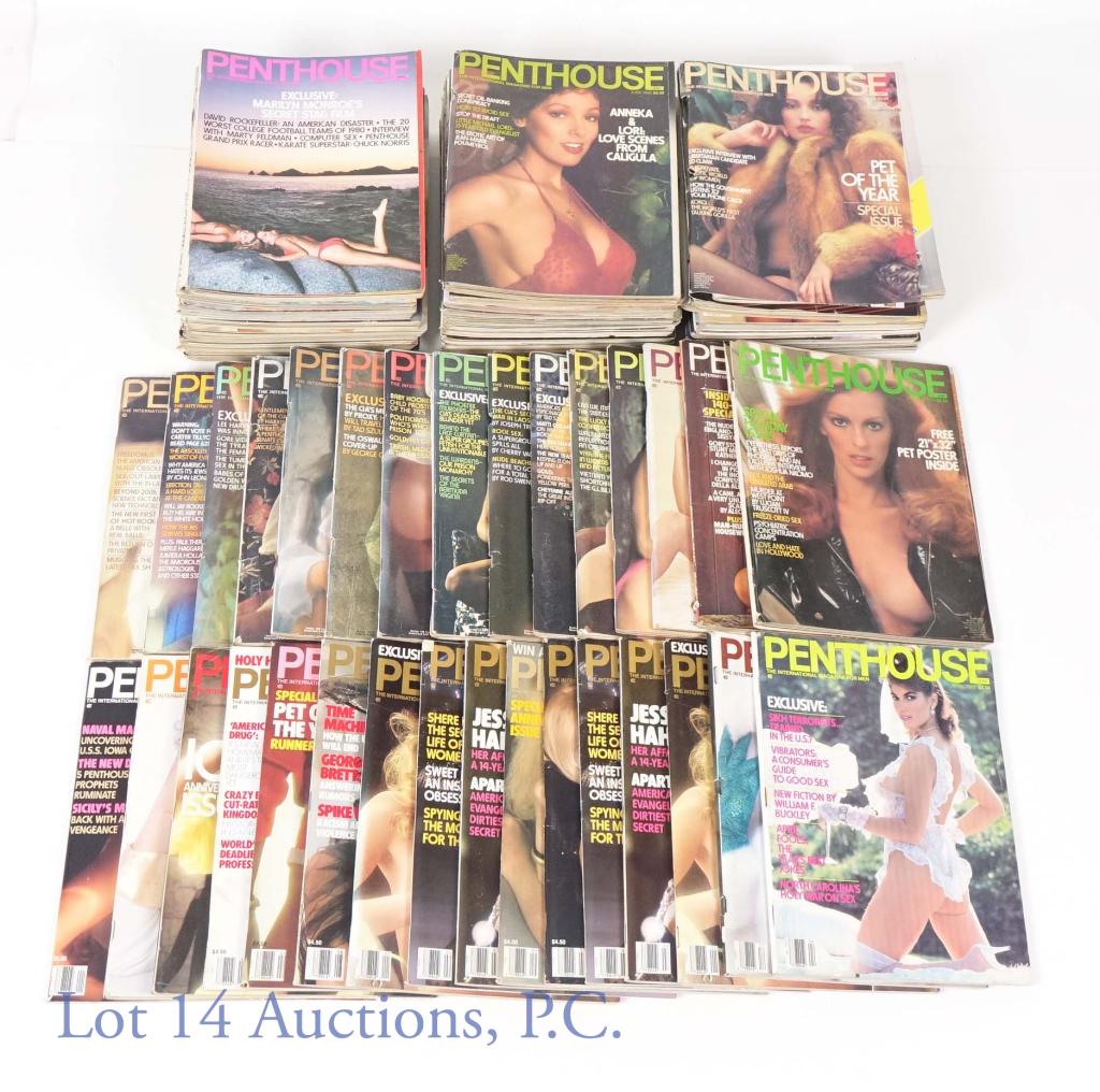 Penthouse Adult Magazines 1970s-80s (64): 64 copies of vintage Penthouse magazines. 36 copies from between 1973-1979, and 27 copies from between 1980-1989, and 2 copies from 1990. Used condition, see pictures for details.