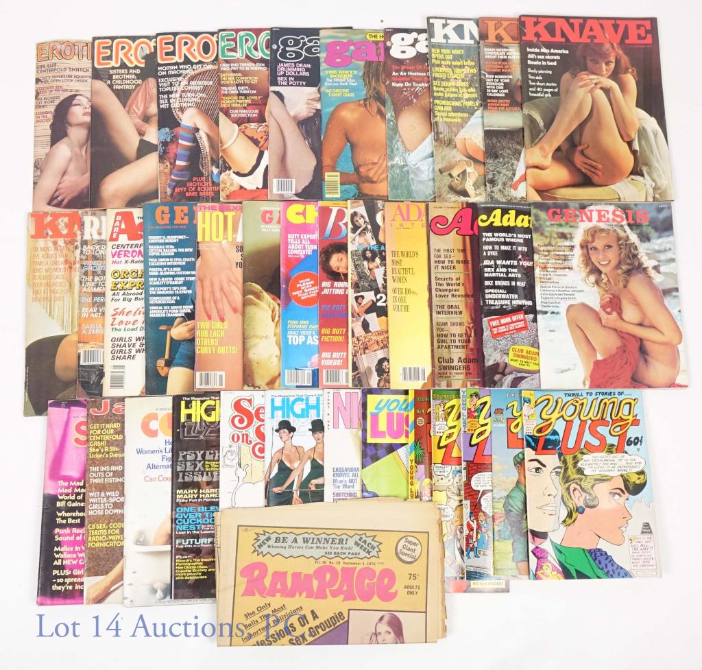 1970s Adult Magazines Obscure Titles (36): Most issues from 1970s, some 1990s. Includes 6 issues of Young Lust adult comics, 1 issue of Sex on Sex adult comics, and one issue of RamPage adult newspaper style porn publication. Also includes the