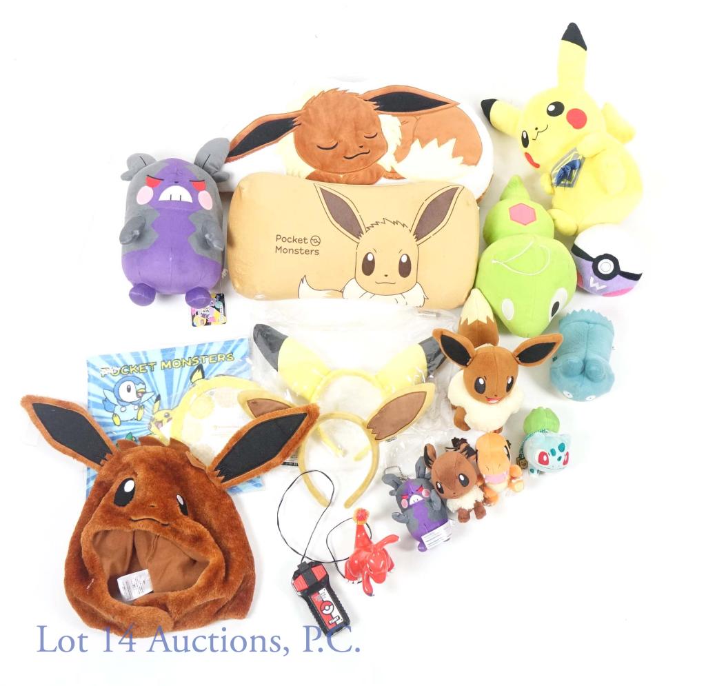 Pokemon Toys: Includes: plush toys, pillows, towels, keychains and more. Characters include: Pikachu, Charizard, Bulbasaur, Eevee. Also includes: Pokeball plush. Many of these are exclusive to Japan. 2 towels. 6 pl