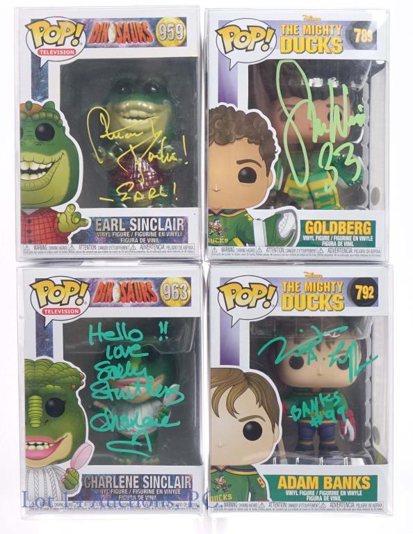 Signed Funko Pop Figures (4): Funko Pop Figures. All in original packaging. Includes: Dinosaurs - Charlene Sinclair (signed by VA Sally Struthers), Dinosaurs - Earl Sinclair (signed by VA Stuart Pankin), The Mighty Ducks - Adam Ba