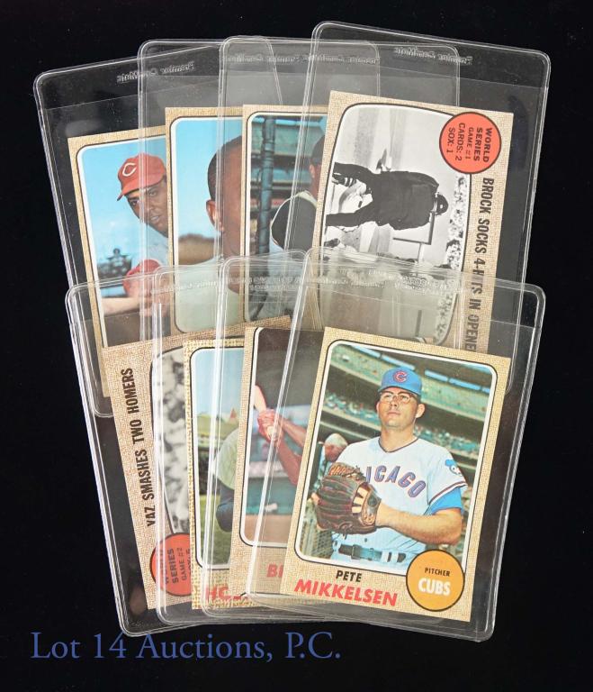 1968 Topps Baseball Cards (8) - Morgan, Perez...: 8 different Topps baseball cards. Key cards in this group include #60 Ken Holtzman, #130 Tony Perez, #144 Joe Morgan, #151 1967 World Series Game 1, #152 World Series Game 2, #175 Maury Wills, #516 Pe